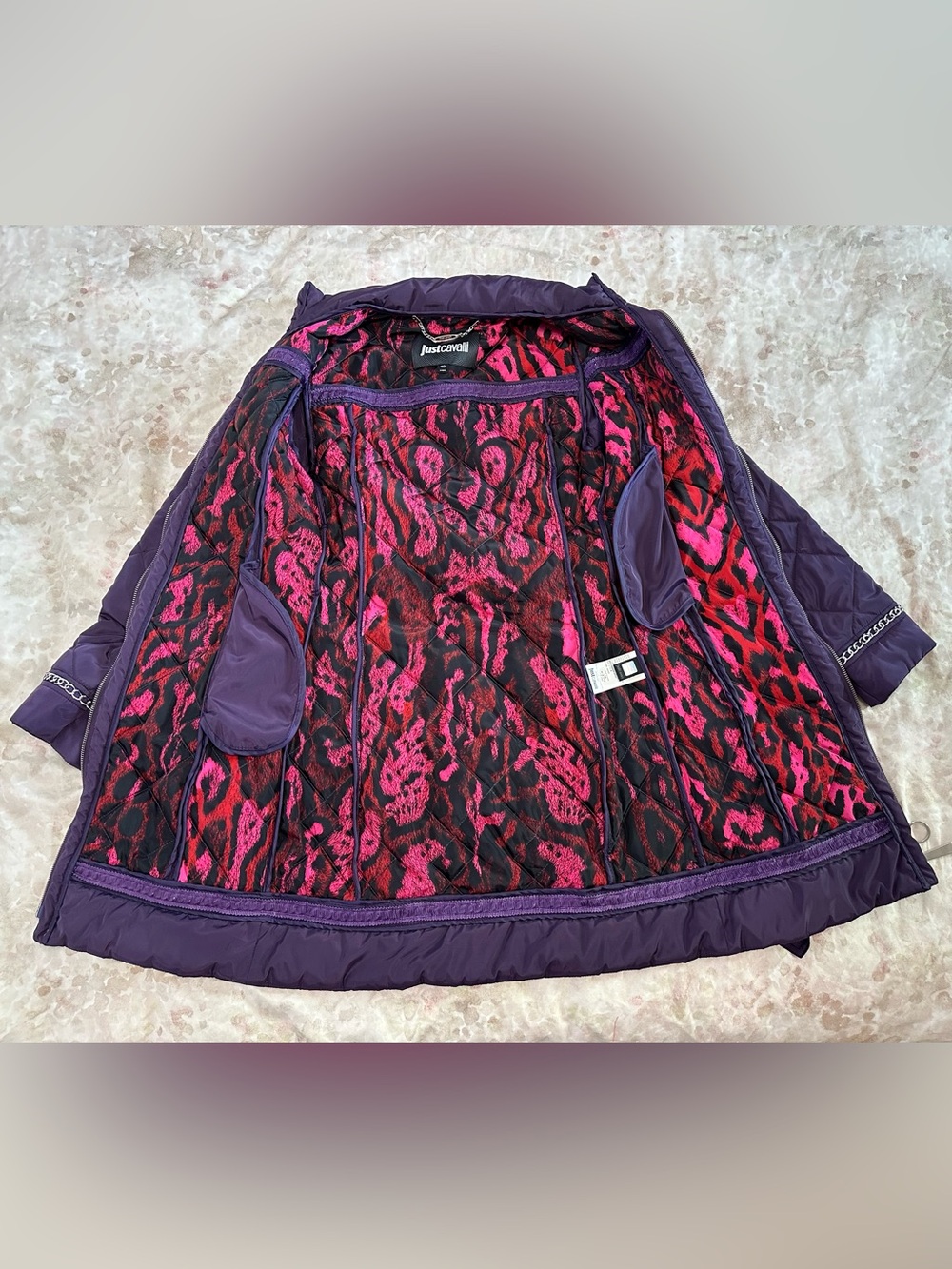 Just Cavalli Purple Quilted Belted Long Puffer Coat - Picture 4 of 12